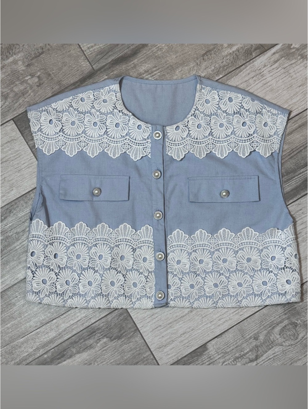 Light Blue Lace-Trim Cropped Vest - Women